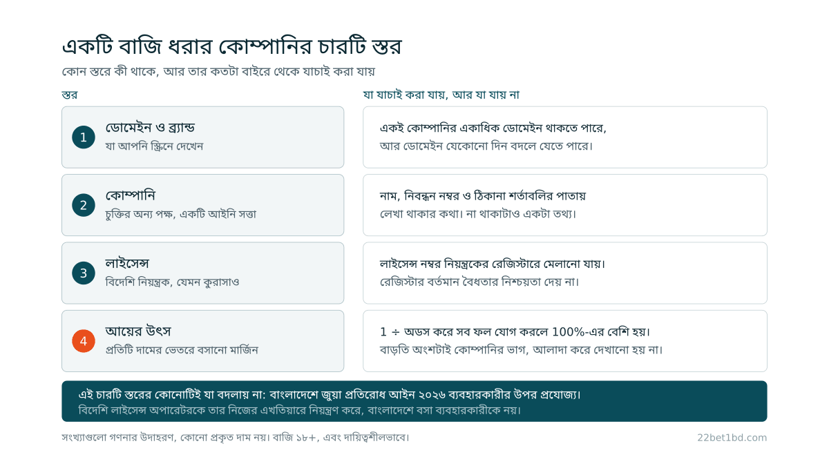চারটি স্তরের একটি ছক: ডোমেইন, কোম্পানি, লাইসেন্স আর মার্জিন, আর প্রতিটির পাশে বাইরে থেকে কতটা যাচাই করা যায় তার নোট