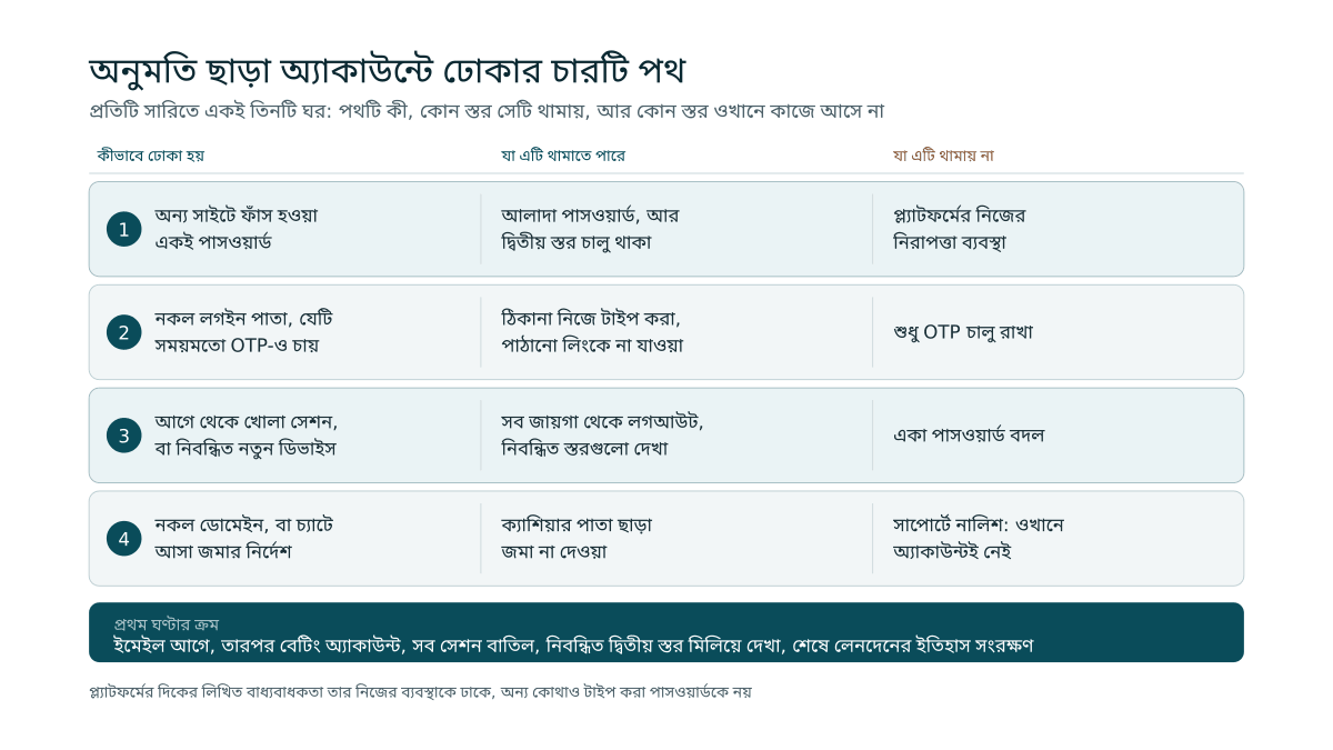 চারটি সারির একটি ছক, যেখানে অনুমতি ছাড়া অ্যাকাউন্টে ঢোকার প্রতিটি পথের পাশে লেখা কোন স্তর সেটি থামায় আর কোন স্তর থামায় না, নিচে প্রথম ঘণ্টার কাজের ক্রম