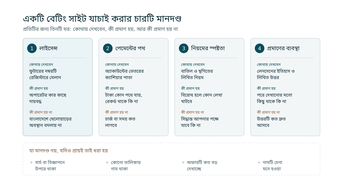 চারটি কার্ডে লাইসেন্স, পেমেন্টের পথ, নিয়মের স্পষ্টতা ও প্রমাণের ব্যবস্থা, প্রতিটির নিচে কোথায় দেখতে হয়, কী প্রমাণ হয় আর কী প্রমাণ হয় না, আর সবার নিচে যেগুলো মানদণ্ড নয় তার তালিকা
