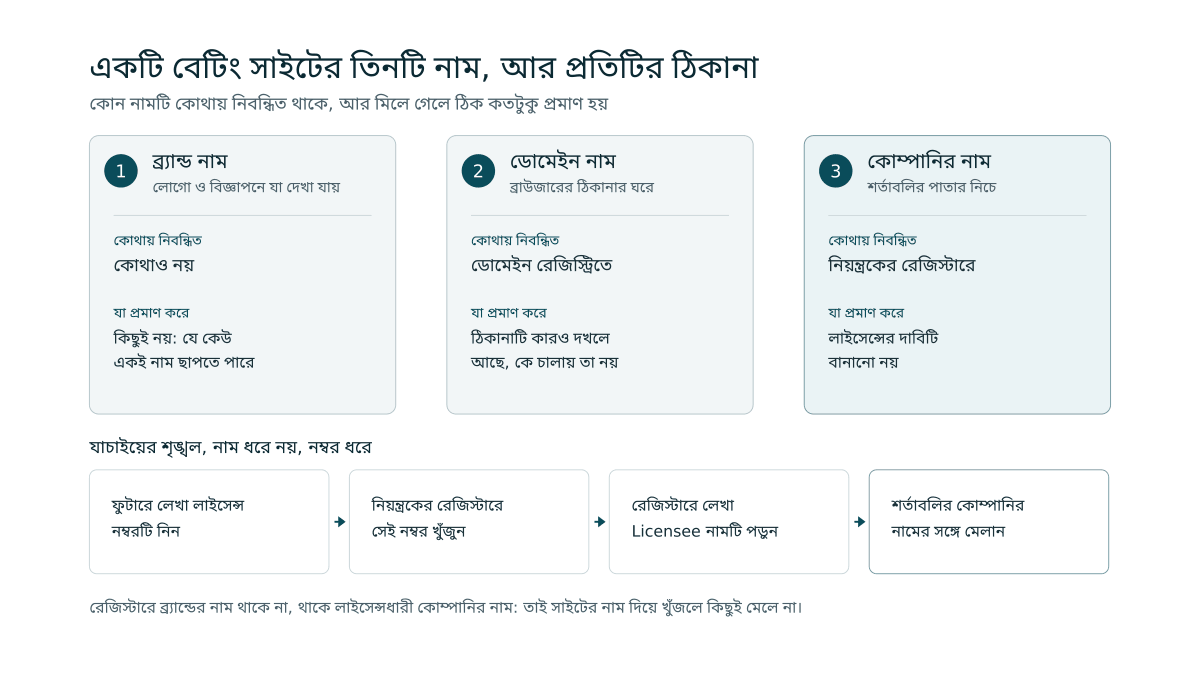 তিনটি কার্ডে ব্র্যান্ড নাম, ডোমেইন নাম ও কোম্পানির নাম, প্রতিটির পাশে কোথায় নিবন্ধিত আর কী প্রমাণ করে, আর নিচে লাইসেন্স নম্বর ধরে যাচাইয়ের চার ধাপ