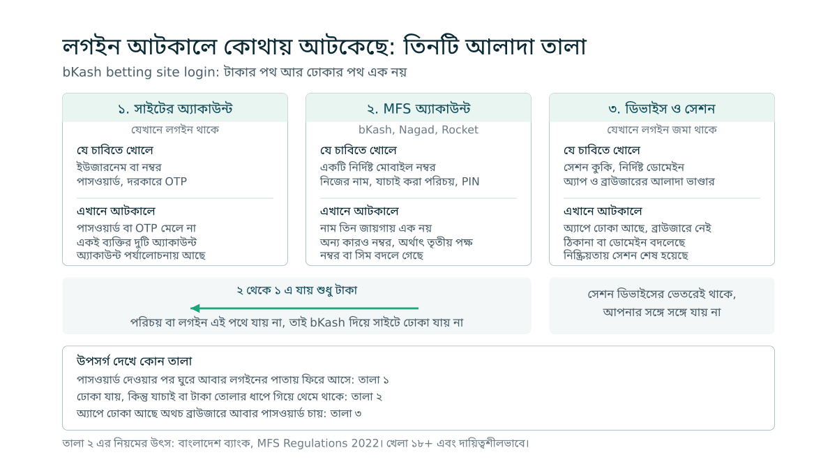 তিনটি আলাদা তালার ছবি: সাইটের অ্যাকাউন্ট খোলে পাসওয়ার্ডে, MFS অ্যাকাউন্ট খোলে PIN-এ, আর ডিভাইসের সেশন থাকে কুকিতে; মাঝের তীর দেখাচ্ছে bKash থেকে সাইটে কেবল টাকা যায়, পরিচয় বা লগইন যায় না