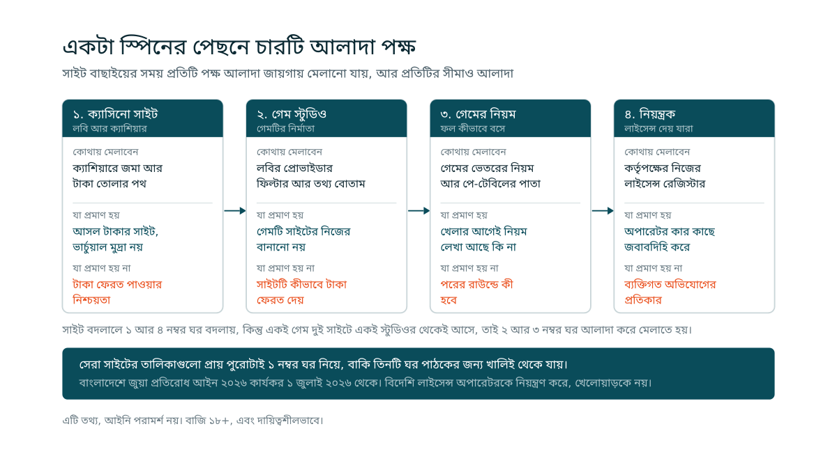চারটি বাক্সের একটি শৃঙ্খল: ক্যাসিনো সাইট, গেম স্টুডিও, গেমের নিয়ম ও পে-টেবিল, আর নিয়ন্ত্রক, প্রতিটির নিচে কোথায় মেলাতে হয়, কী প্রমাণ হয় আর কী প্রমাণ হয় না